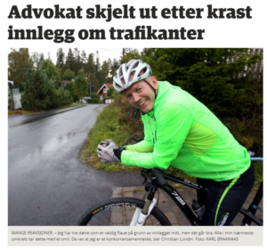 Utklipp fra artikkel i Budstikka 14.09.2017 - Bilde av advokat Lundin på sykkel