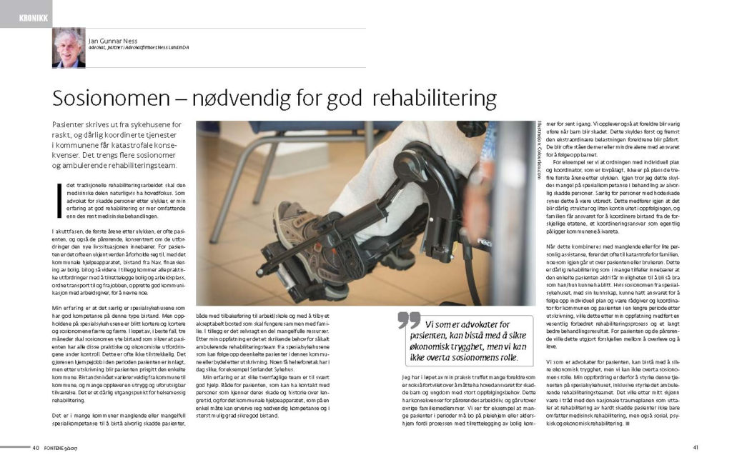 Sosionomen - nødvendig for god rehabilitering - Advokat Jan Gunnar Ness - artikkel i Fontene 9-2017 side 1-2