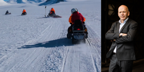 Fotografi av personer på snøscooter og fotografi av advokat Christian Lundin. Erstatningssak etter snøscooterulykke.